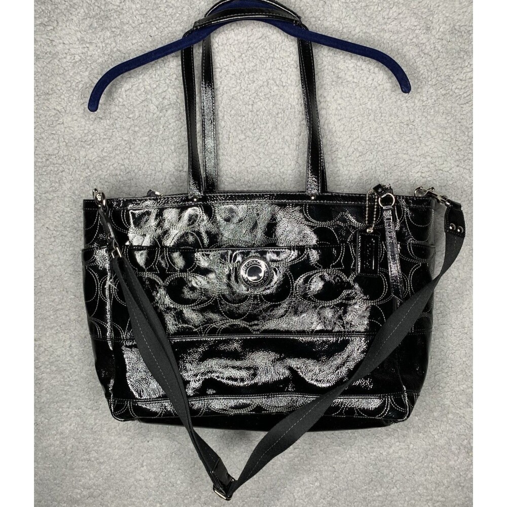 Coach Bag F19256 Signature Stitched Black Patent Lg. Leather Diaper Tote Laptop